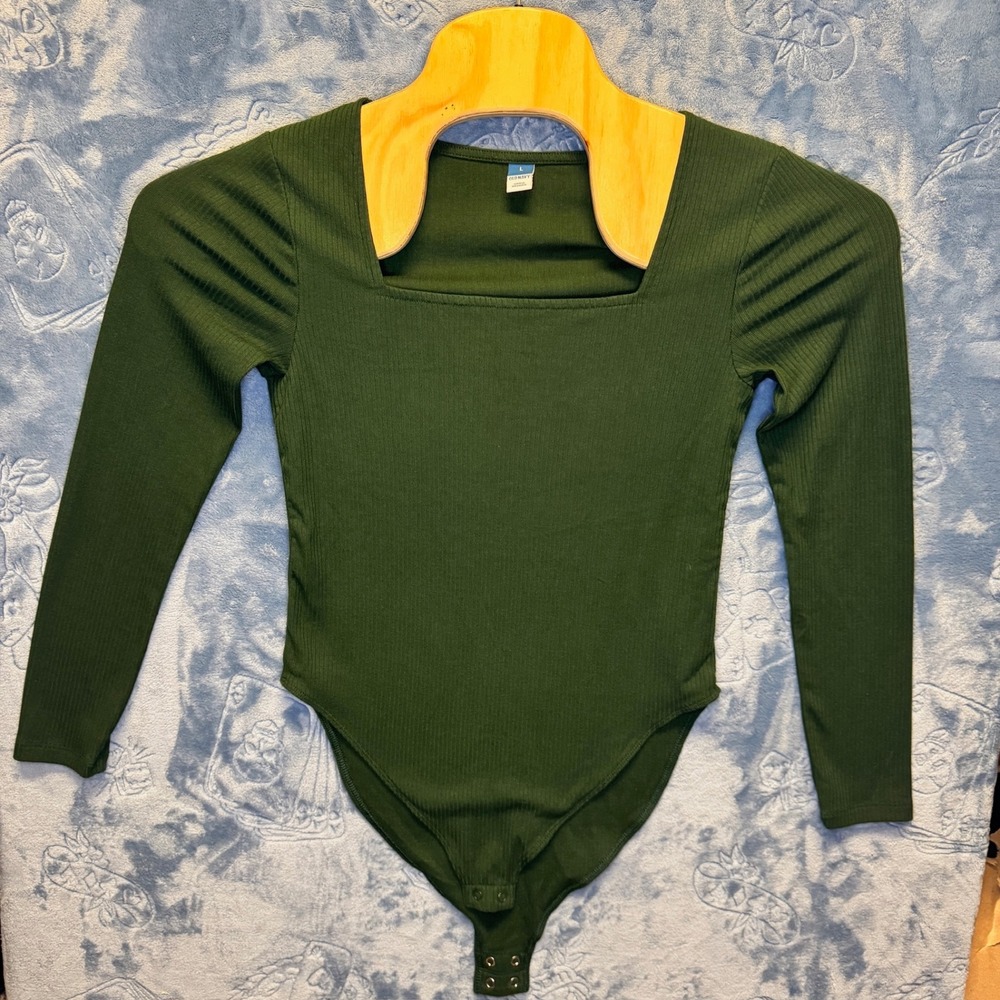 1927 | Old Navy Ribbed Square Neck Long Sleeve Bodysuit Green Women Large